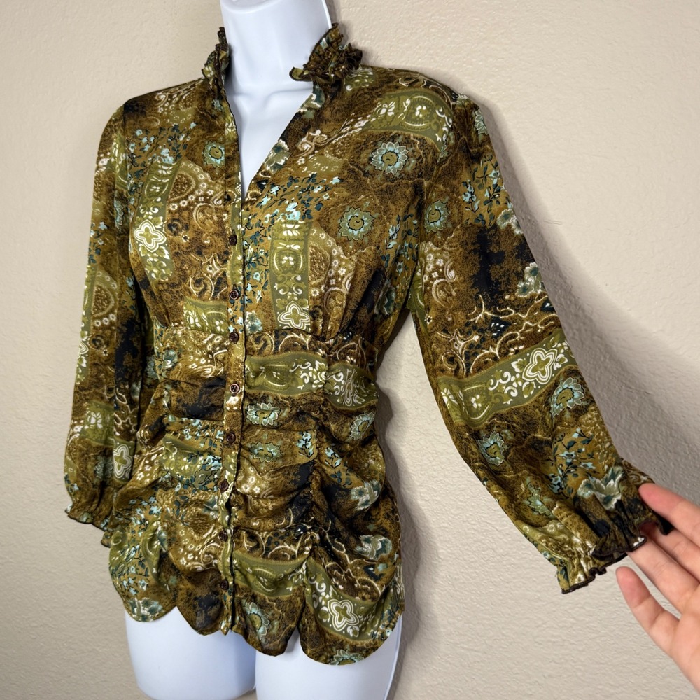 Y2K Womens Small Earthy Fairy Patchwork Ruched Babydoll Blouse Ruffle Boho Indie